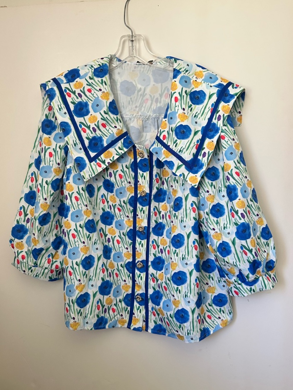 Cicy Bell Floral Sailor Collar button Front Blouse 3/4  lantern sleeves NWT~ L